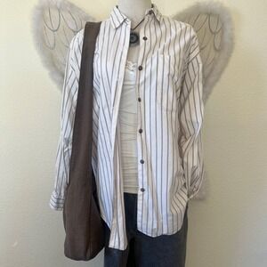 Indie Skater Grunge Stripe Oversized Shirt Button Up Long Sleeve Dad White Brown